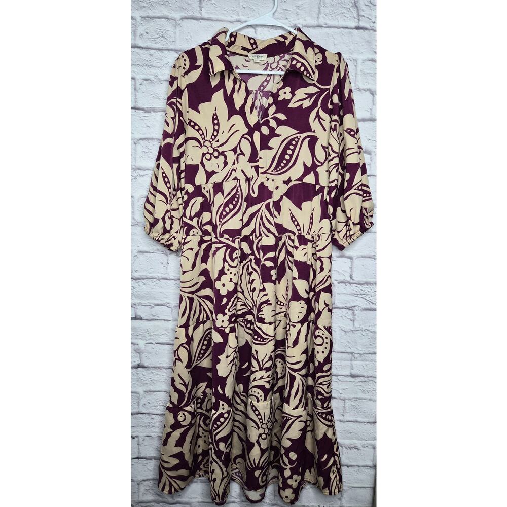 Umgee Purple Floral Tiered Midi Dress Boho Cottagecore Peasant Small K7347 - Picture 2 of 7